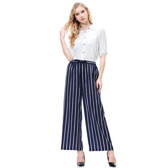 Striped Loose Wide Leg Trousers High Waist Tie Bow - Picture 3 of 8